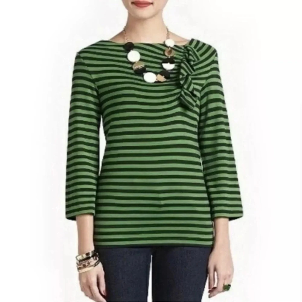 KATE SPADE Cameo Green and Navy Blue Striped Front Crinkle Shirt Top Size XS